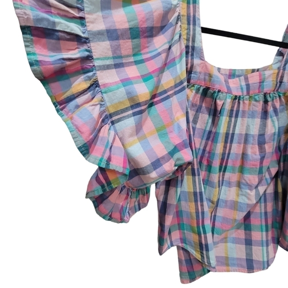 1X 100% Cotton Checkered Ruffle Short Sleeve Square Neck Blouse - Picture 3 of 4